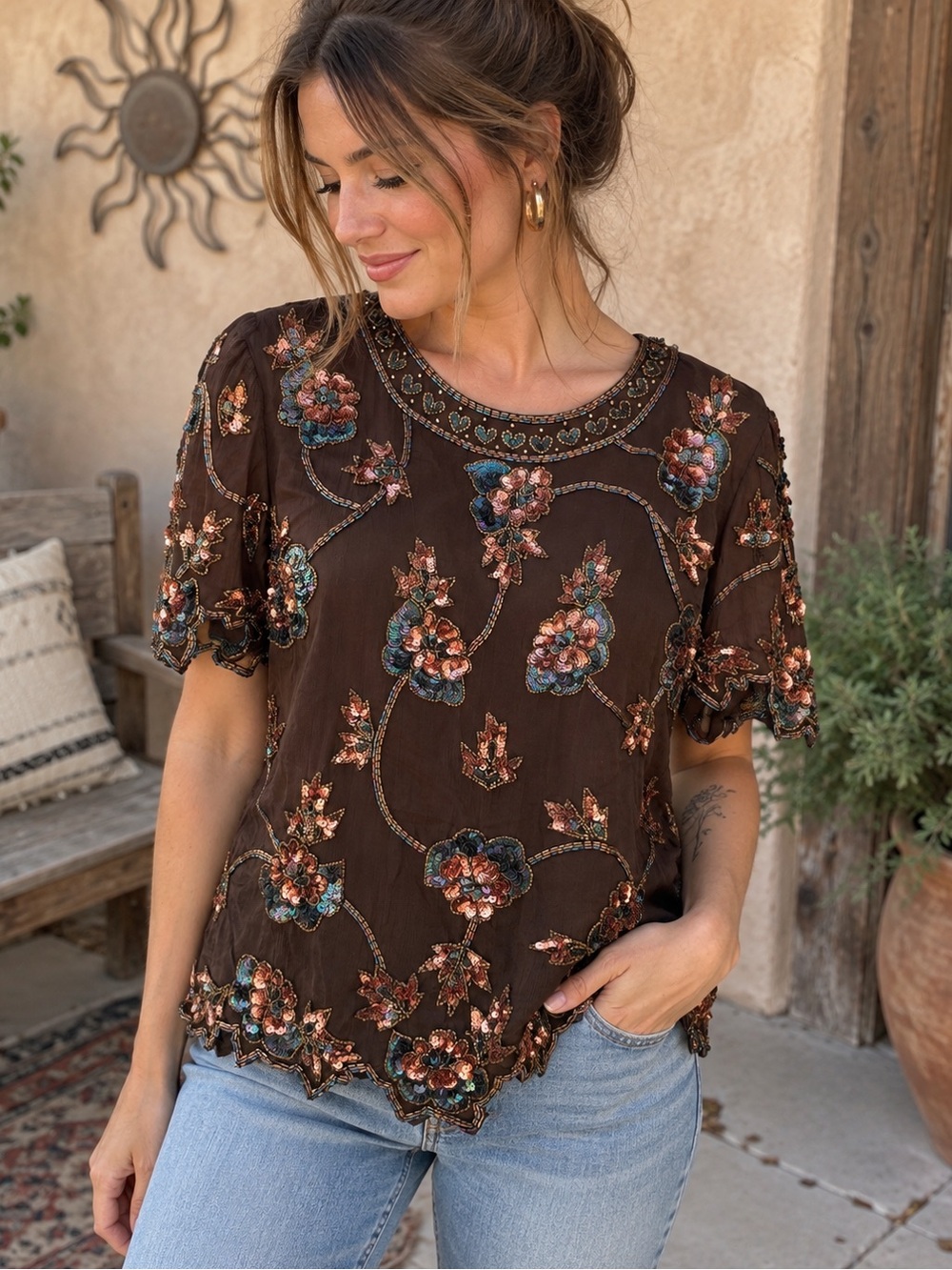 Stenay Brown Art Deco Sequin Beaded Hand Work Embellished Statement Blouse